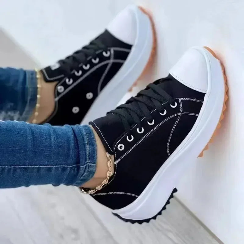 Women's Sneakers - Low-Top Flat Sneakers - Lace-Up All-Season Shoes
