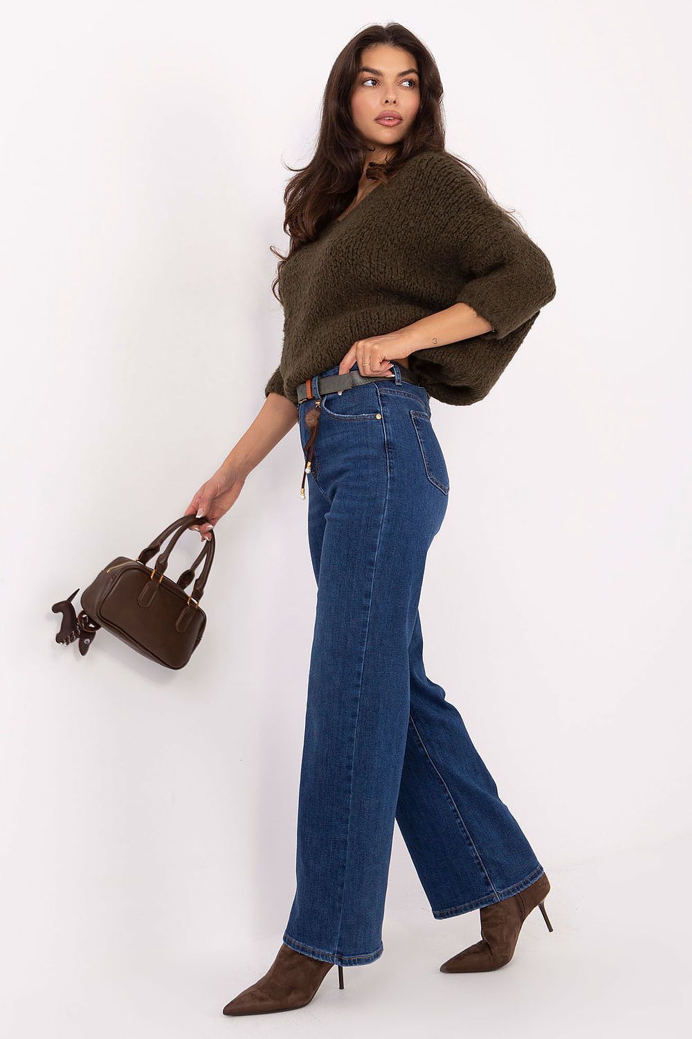Women's Straight Leg Jeans - Blue High Waist Belted Denim-Straight Leg Jeans-LeStyleParfait