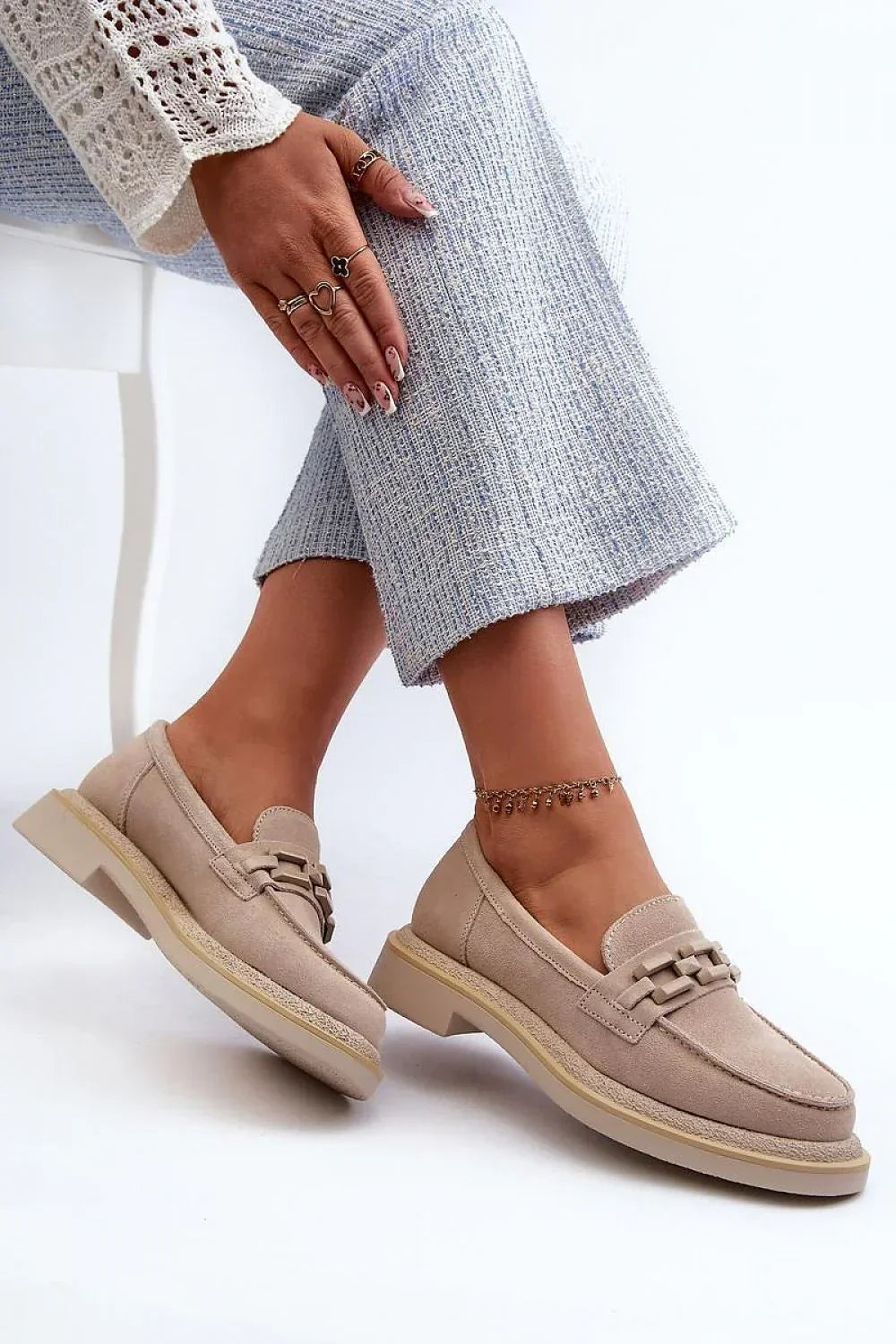 Women’s suede apron toe moccasin loafers, comfortable casual women’s suede loafers for work in spring and autumn