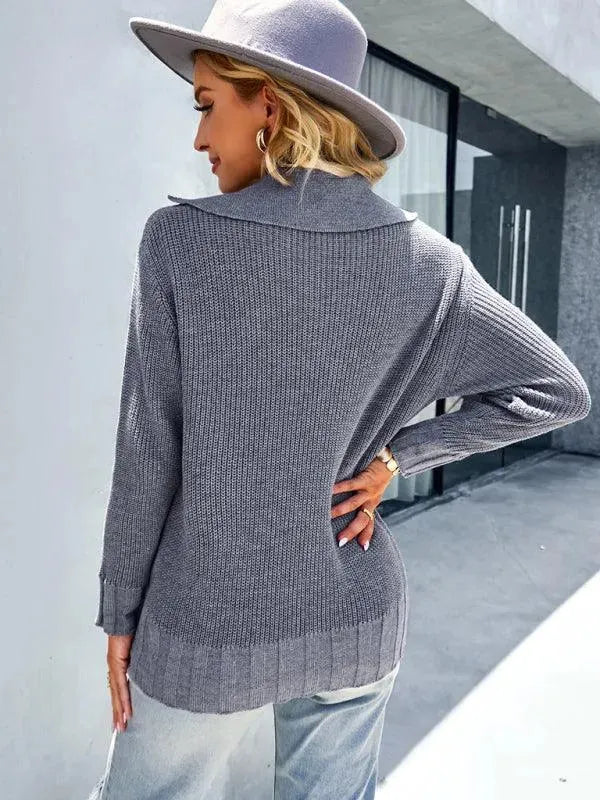 Women’s V-Neck Polo Pullover Sweater – Knit