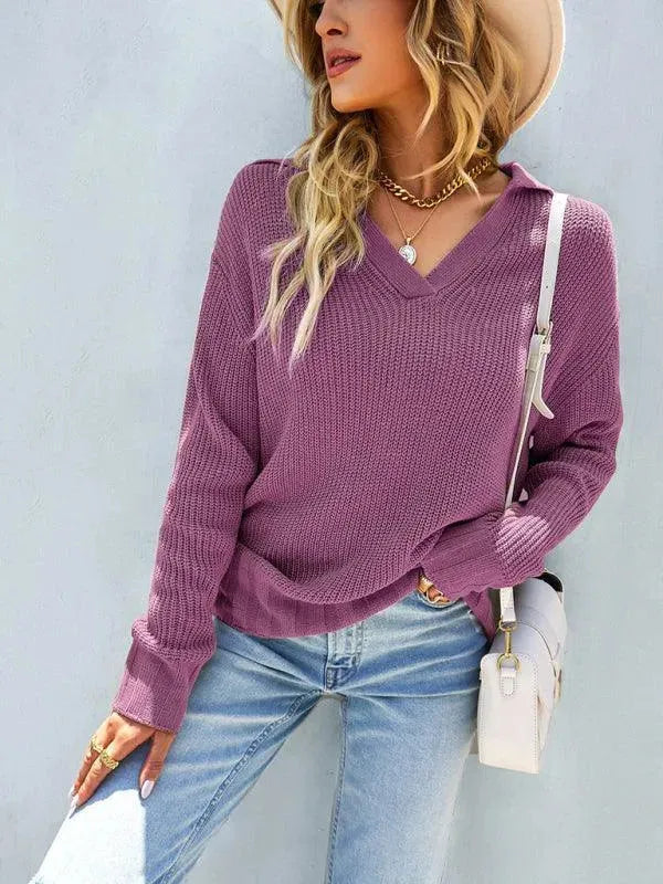 Women’s V-Neck Polo Pullover Sweater – Knit