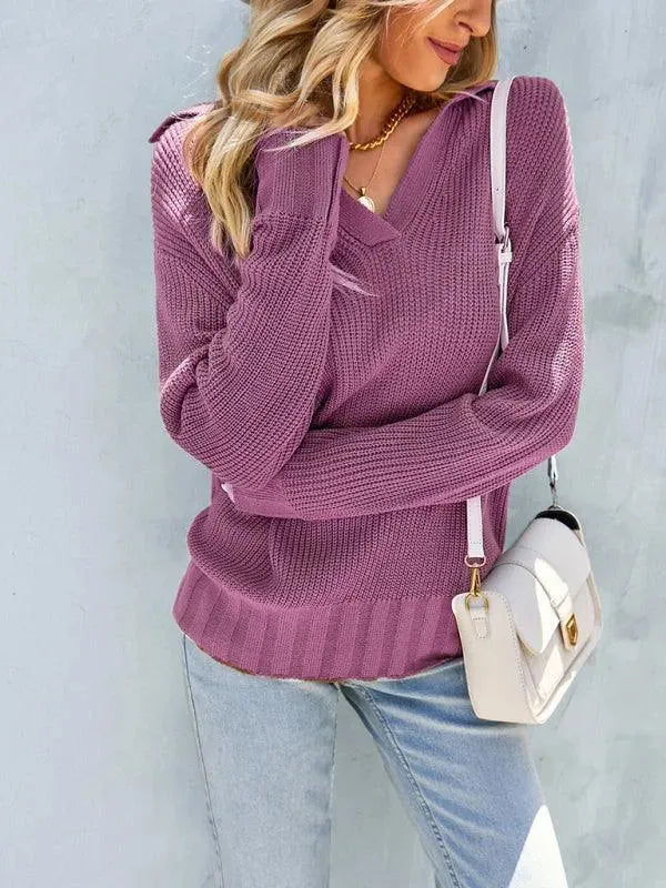 Women’s V-Neck Polo Pullover Sweater – Knit