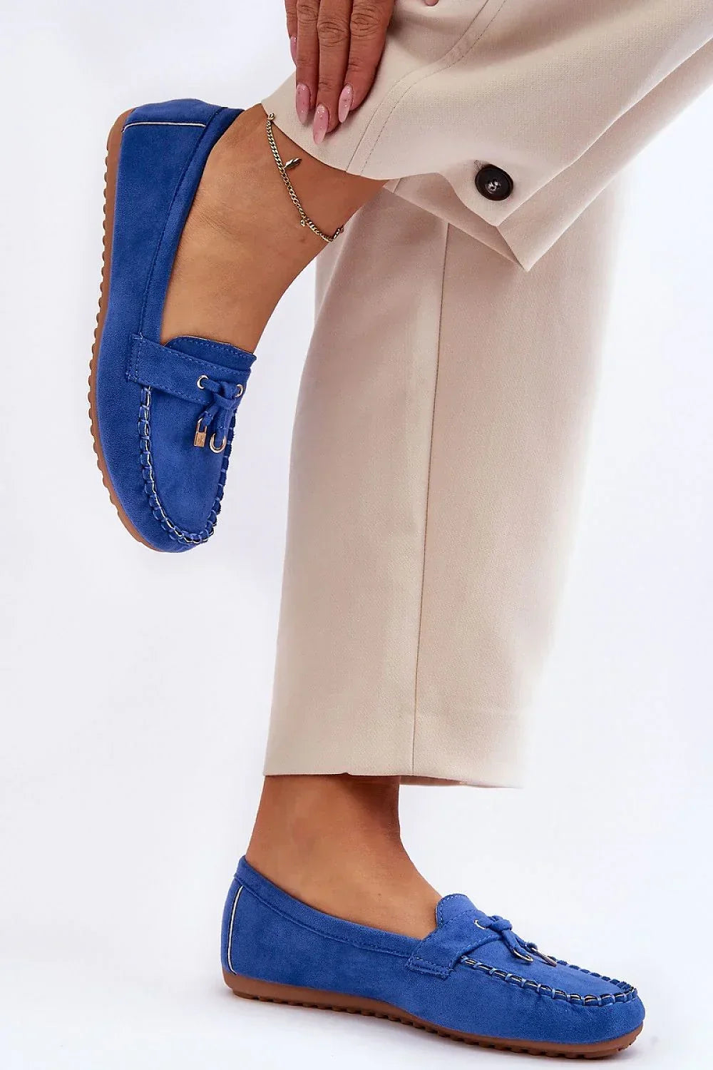 Women’s vegan blue spring moccasin loafers, flat casual women’s vegan moccasin loafers for spring and autumn