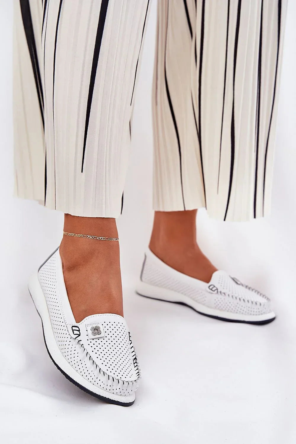 Women’s white perforated leather moccasin loafers, comfortable white women’s leather loafers for spring–summer