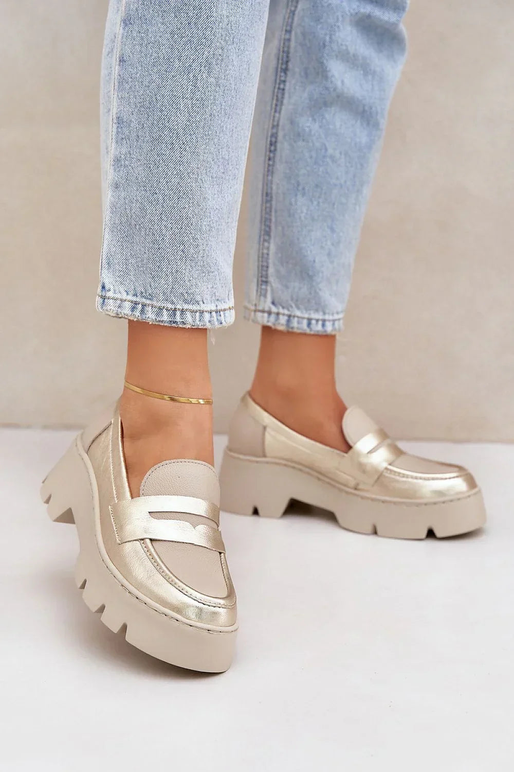 Women’s yellow natural leather platform moccasin loafers, chunky heel women’s platform loafers for spring–summer