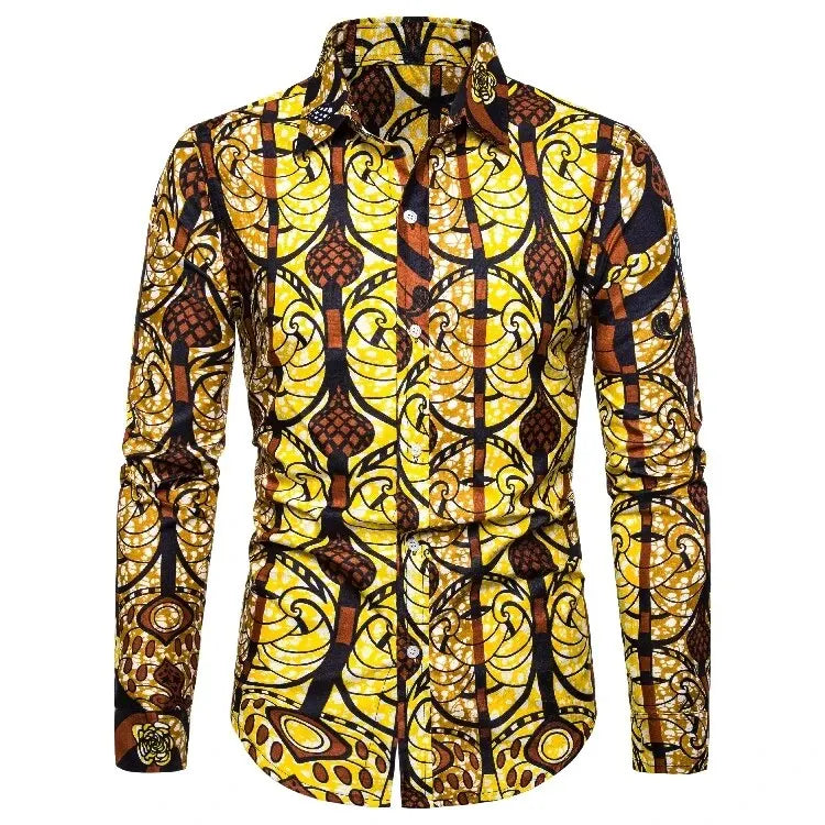 Yellow Brown African Print Shirt-Men Shirts-LeStyleParfait