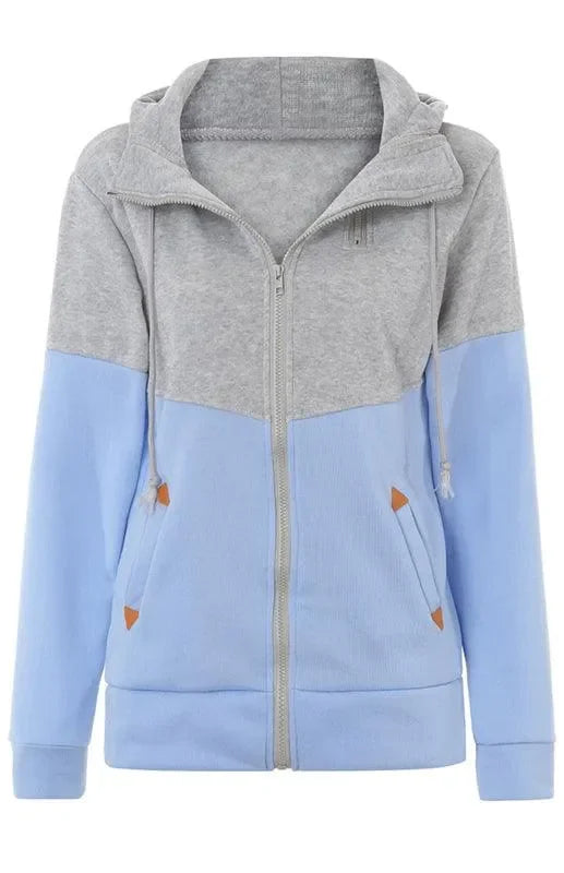 Double Zipper Color Block Hooded Long-Sleeved Plus Velvet Sweatshirt-Women Sweatshirt-LeStyleParfait
