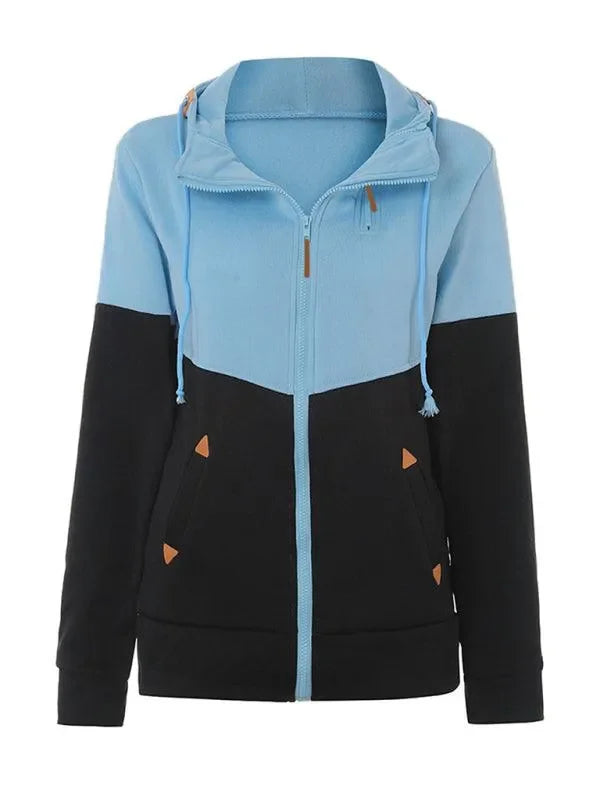 Double Zipper Color Block Hooded Long-Sleeved Plus Velvet Sweatshirt-Women Sweatshirt-LeStyleParfait