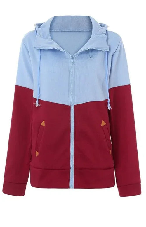 Double Zipper Color Block Hooded Long-Sleeved Plus Velvet Sweatshirt-Women Sweatshirt-LeStyleParfait