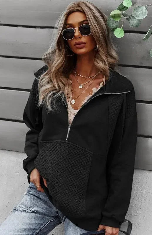 Women Regular Checked Zip-Up Sweatshirt Essential Fit-Women Sweatshirt-LeStyleParfait
