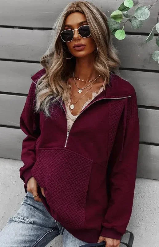 Women Regular Checked Zip-Up Sweatshirt Essential Fit-Women Sweatshirt-LeStyleParfait