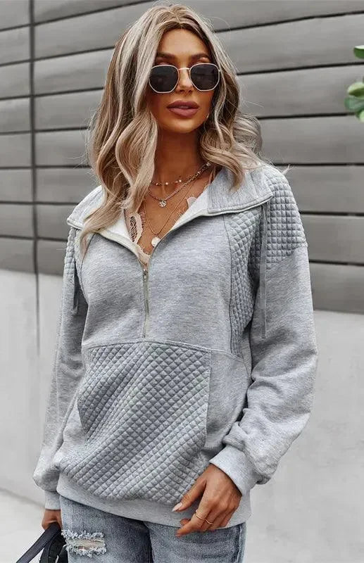 Women Regular Checked Zip-Up Sweatshirt Essential Fit-Women Sweatshirt-LeStyleParfait