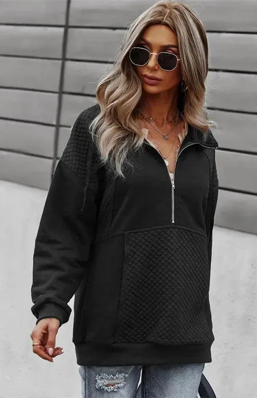 Women Regular Checked Zip-Up Sweatshirt Essential Fit-Women Sweatshirt-LeStyleParfait
