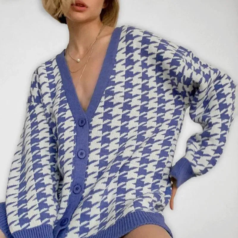 Women’s Houndstooth V-Neck Cardigan Sweater – Classic Pattern