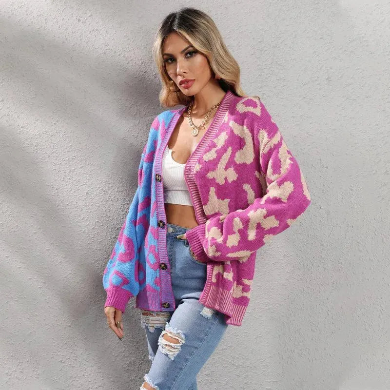 Women’s Oversized Leopard Cardigan Sweater – V-Neck Knit