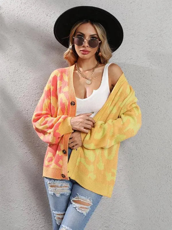 Women’s Oversized Leopard Cardigan Sweater – V-Neck Knit