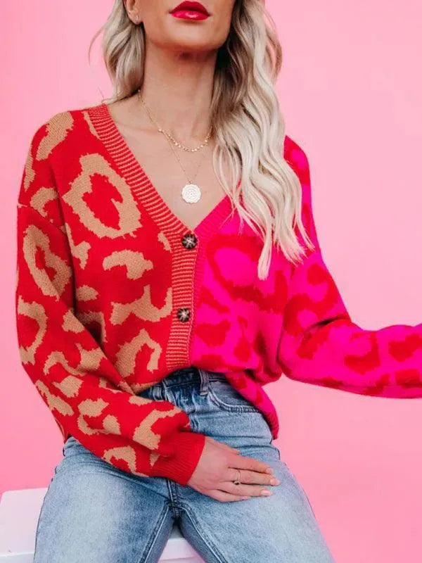 Women’s Oversized Leopard Cardigan Sweater – V-Neck Knit