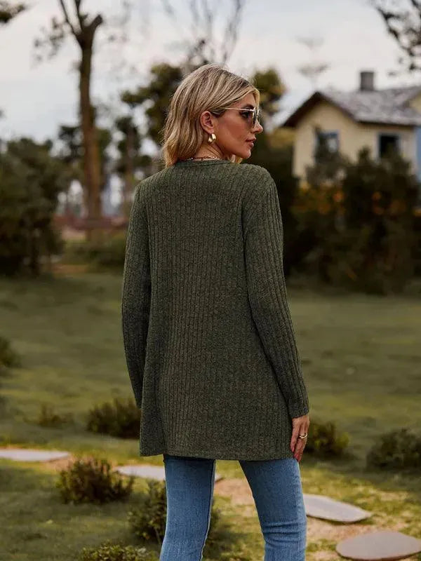 Women’s Textured Longline Cardigan Sweater – V-Neck Button Knit