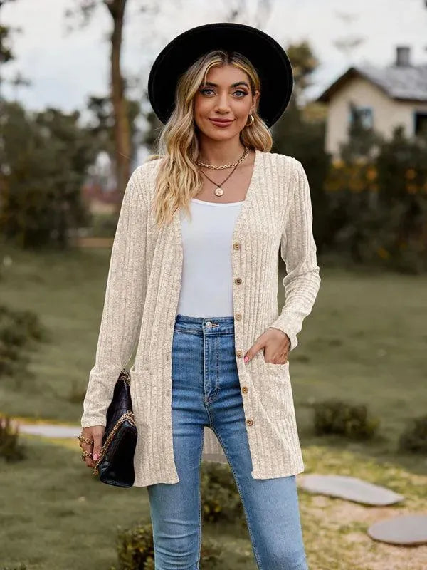 Women’s Textured Longline Cardigan Sweater – V-Neck Button Knit