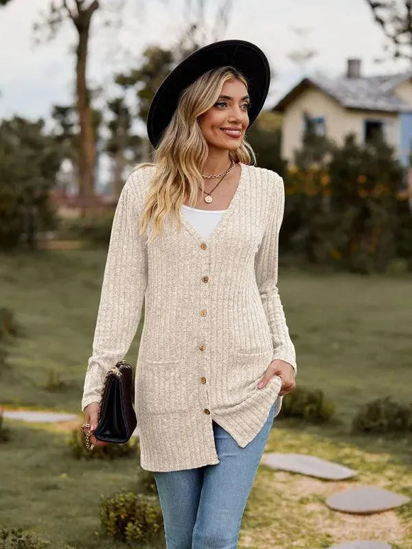 Women’s Textured Longline Cardigan Sweater – V-Neck Button Knit