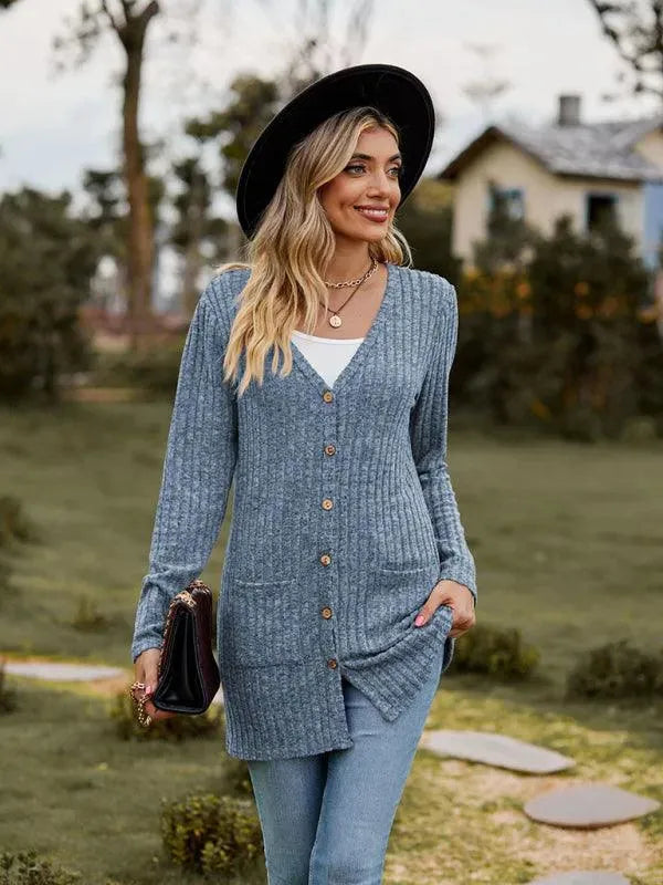Women’s Textured Longline Cardigan Sweater – V-Neck Button Knit
