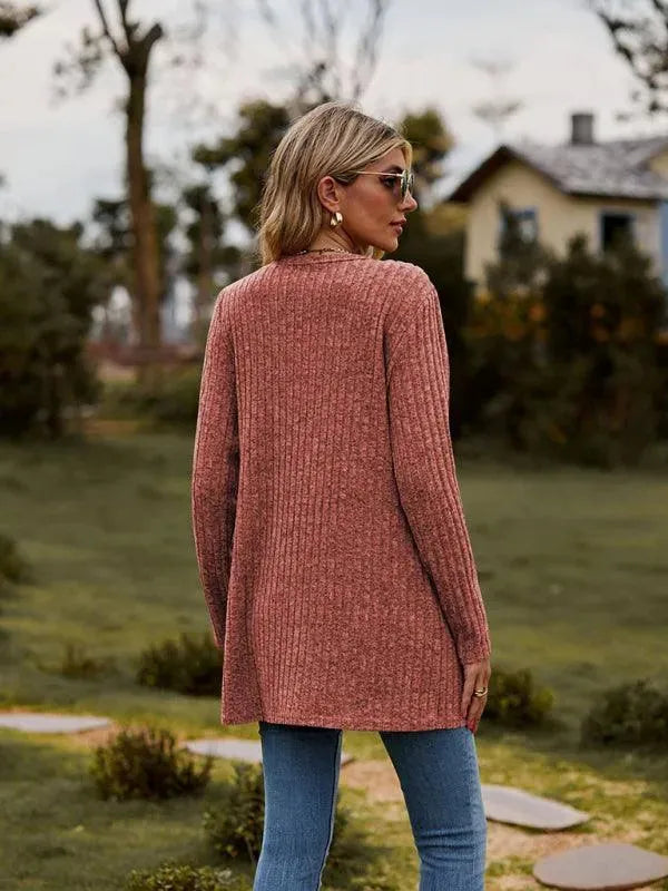 Women’s Textured Longline Cardigan Sweater – V-Neck Button Knit
