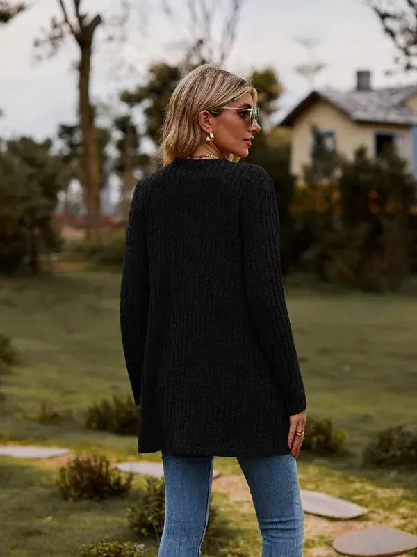 Women’s Textured Longline Cardigan Sweater – V-Neck Button Knit