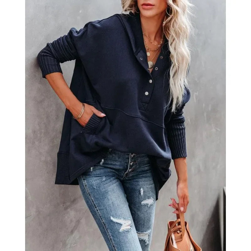 Women's V-Neck Hooded Bat Sleeve Sweatshirt-LeStyleParfait